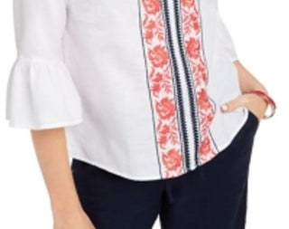 Charter Club Blusa feminina estampada com manga sino em mistura de linho, branca, tamanho pequeno médio