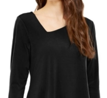 Blusa feminina Alfani lisa de manga curta e decote em V, preta, tamanho pequeno P