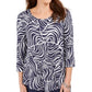 JM Collection Blusa feminina estampada manga 3/4 azul tamanho médio