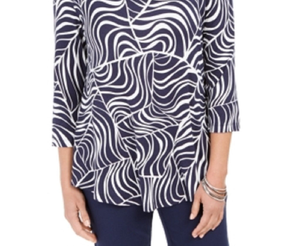 JM Collection Blusa feminina estampada manga 3/4 azul tamanho médio