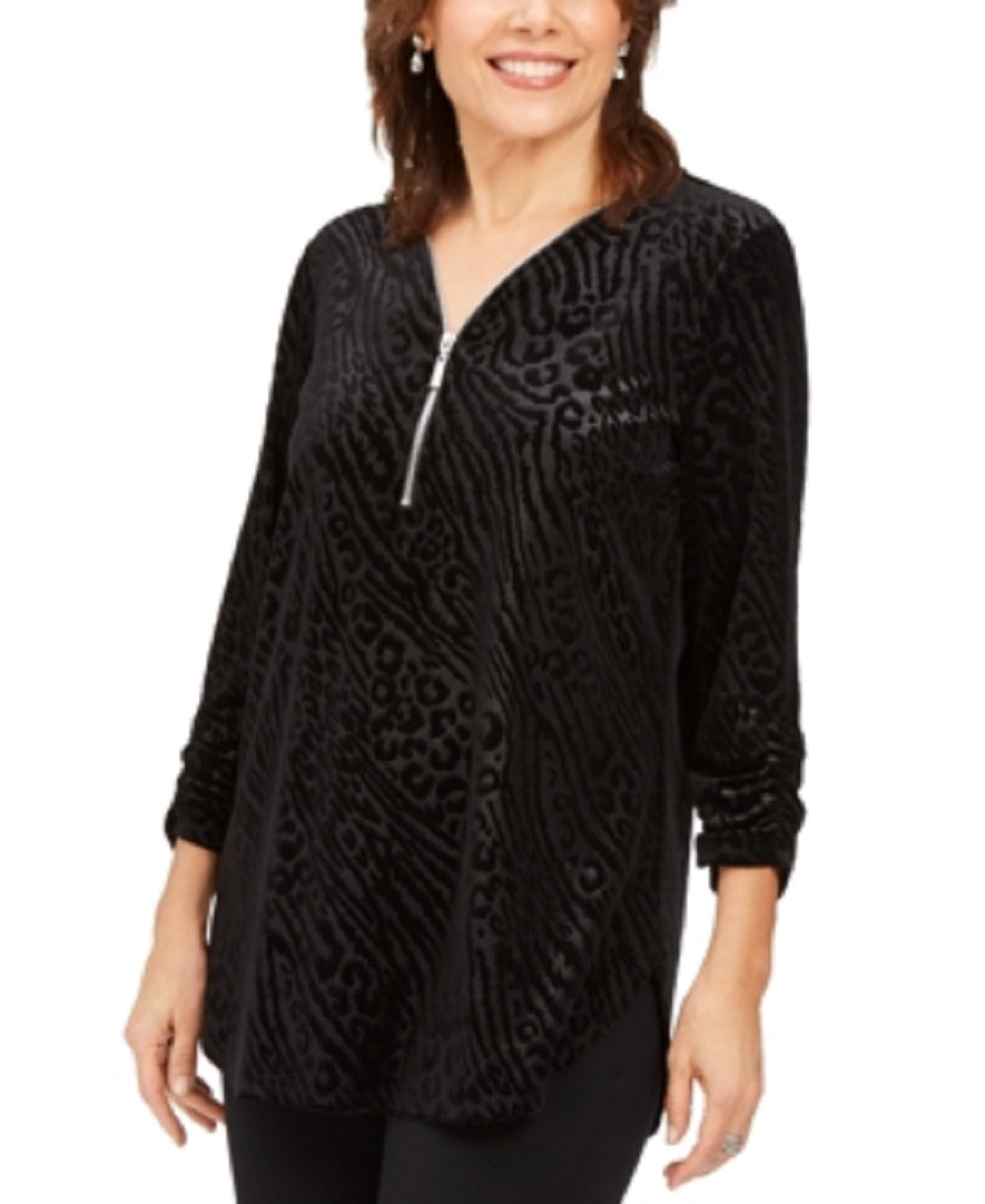 Blusa feminina com zíper e estampa de manga comprida e gola redonda, preta, tamanho médio