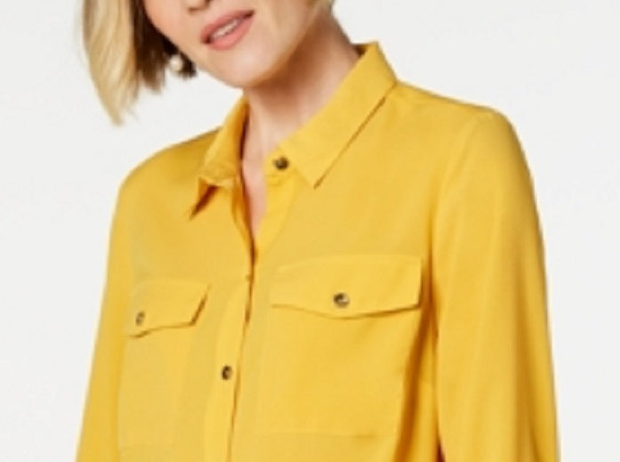 Camisa feminina lisa com botões Charter Club, amarela, tamanho pequeno, médio