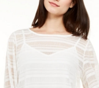 Blusa feminina Alfani transparente com listras e manga balão, branca, tamanho pequeno G