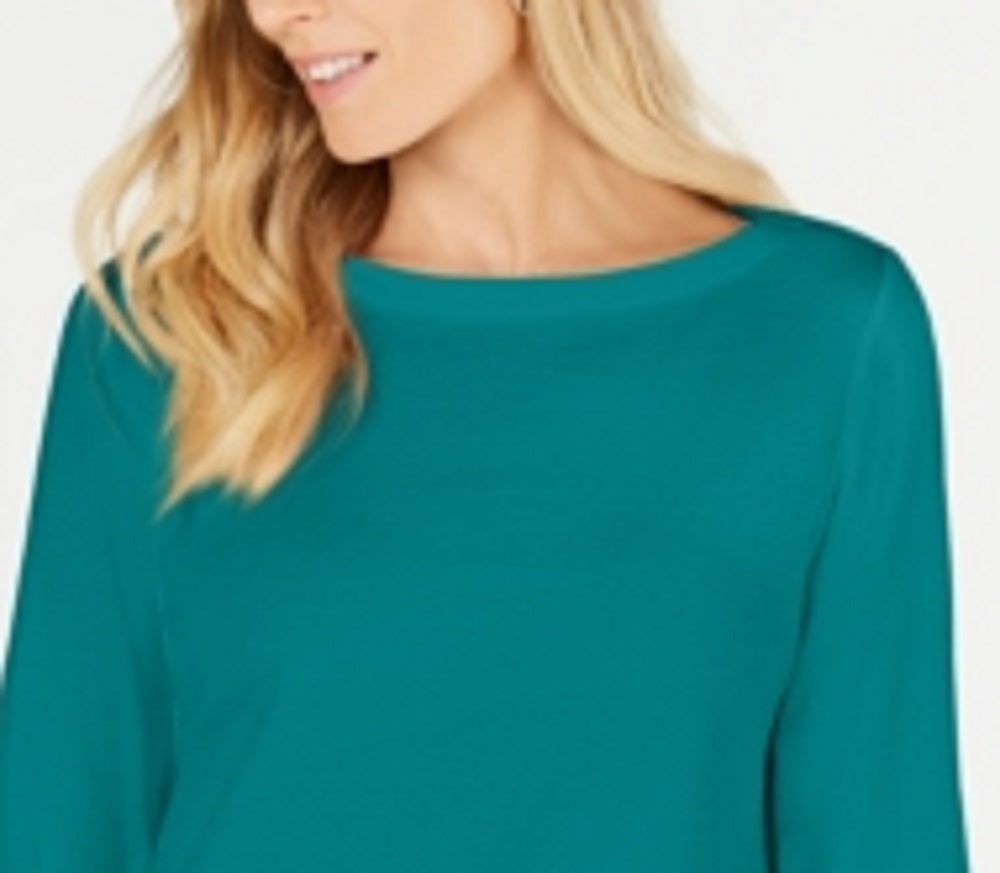 Karen Scott Blusa de malha feminina de algodão com decote canoa e manga 3/4, verde, tamanho pequeno