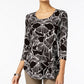 JM Collection Blusa feminina estampada com manga 3/4, preta, tamanho X-S
