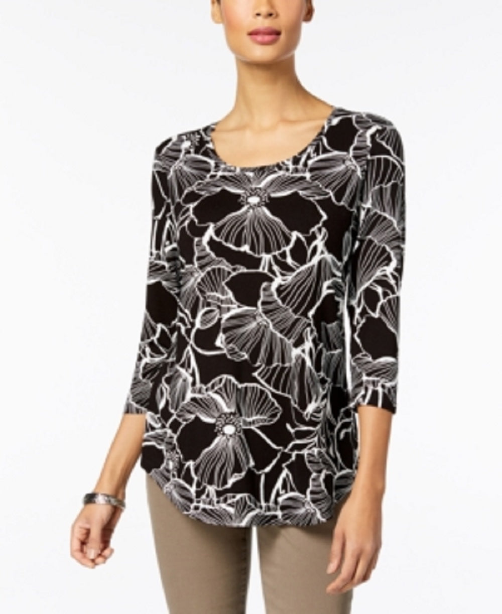 JM Collection Blusa feminina estampada com manga 3/4, preta, tamanho X-S
