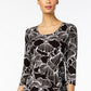 JM Collection Blusa feminina estampada com manga 3/4, preta, tamanho X-S