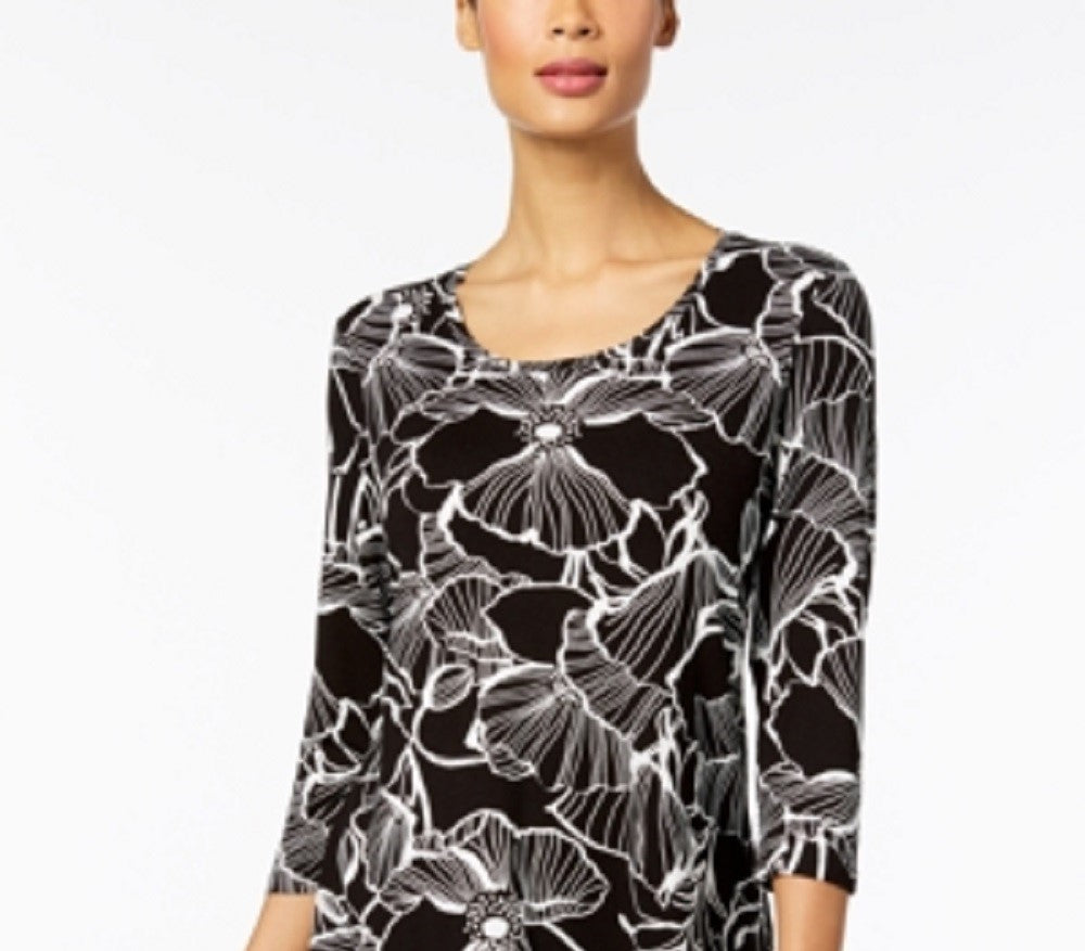 JM Collection Blusa feminina estampada com manga 3/4, preta, tamanho X-S