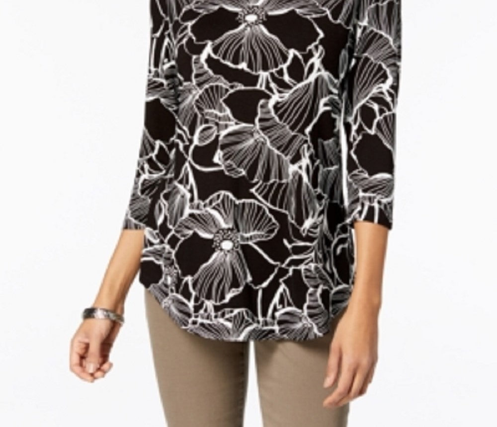 JM Collection Blusa feminina estampada com manga 3/4, preta, tamanho X-S