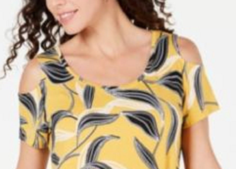 Camiseta feminina estampada com ombros descobertos da coleção JM, tamanho médio, amarela