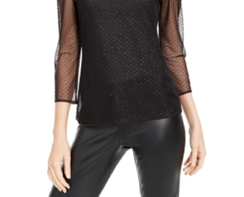 Blusa feminina de malha com glitter da INC International Concepts, preta, tamanho pequeno médio