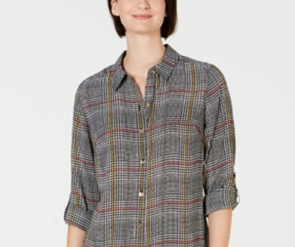 Camisa feminina de manga comprida com botões e estampa pied-de-poule Charter Club, preta, tamanho pequeno e pequeno