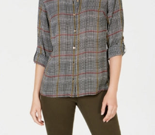 Camisa feminina de manga comprida com botões e estampa pied-de-poule Charter Club, preta, tamanho pequeno e pequeno