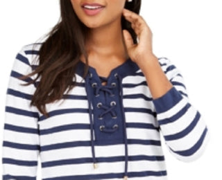 Túnica feminina Charter Club de algodão com cadarço e gola ilhós, azul, tamanho extrapequeno