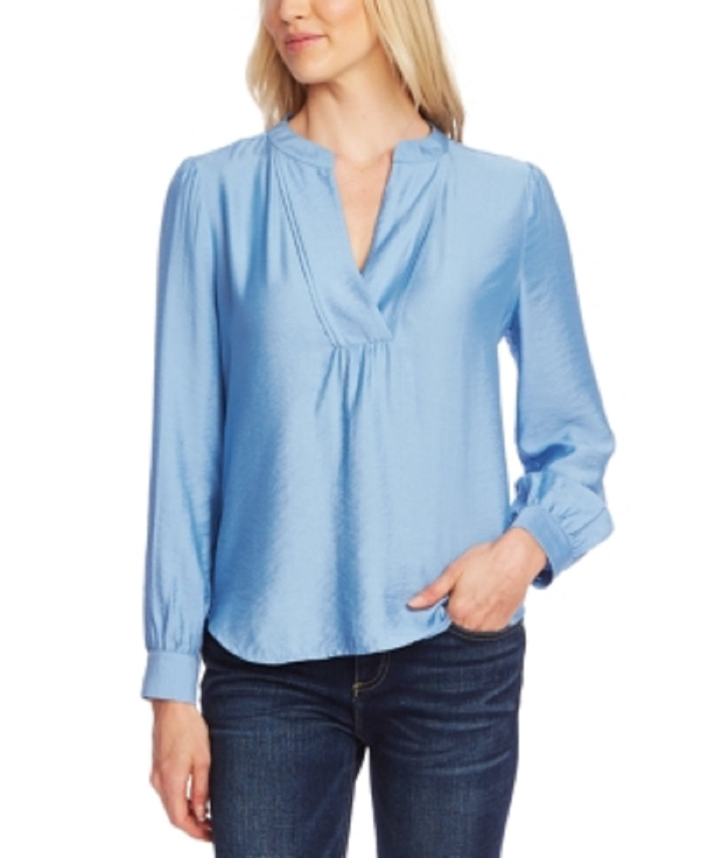 Blusa feminina Vince Camuto com decote dividido e babados, azul, tamanho extragrande