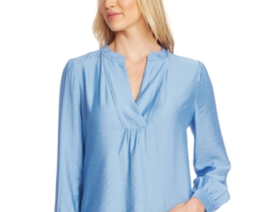 Blusa feminina Vince Camuto com decote dividido e babados, azul, tamanho extragrande