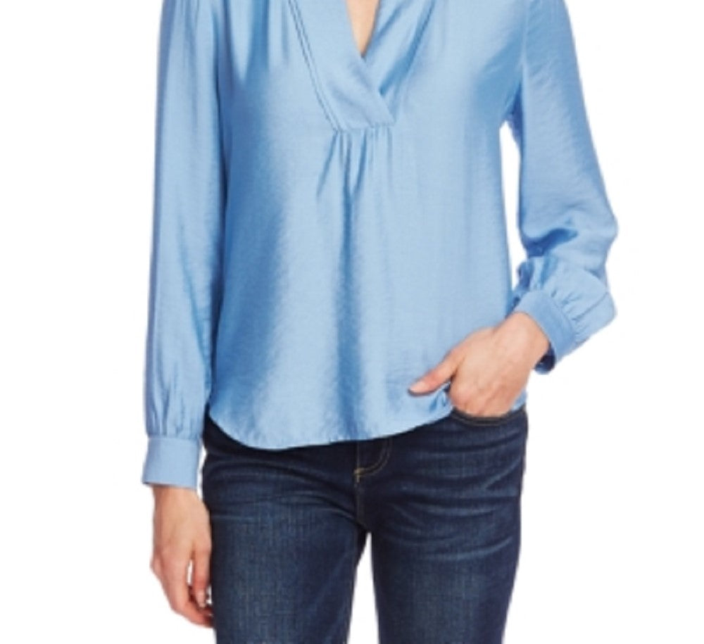 Blusa feminina Vince Camuto com decote dividido e babados, azul, tamanho extragrande