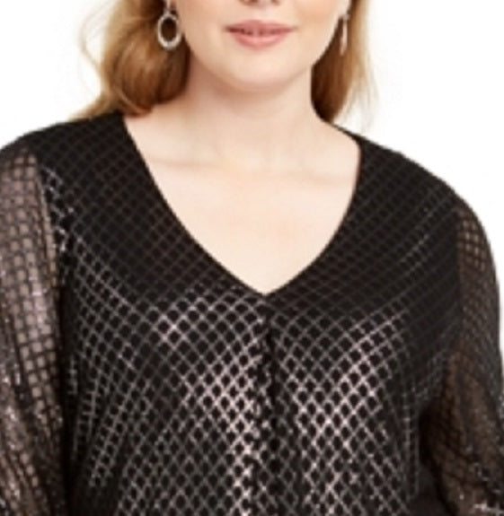 Blusa feminina Alfani de malha metálica cruzada, preta, tamanho 0X