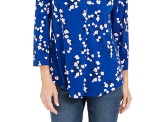 Blusa feminina Charter Club com estampa floral e decote em V, plissada, azul, tamanho grande