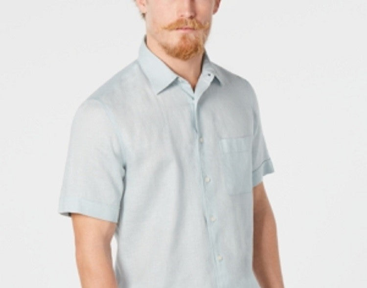 Camisa masculina de linho com gola e botões Tasso Elba, azul, tamanho pequeno