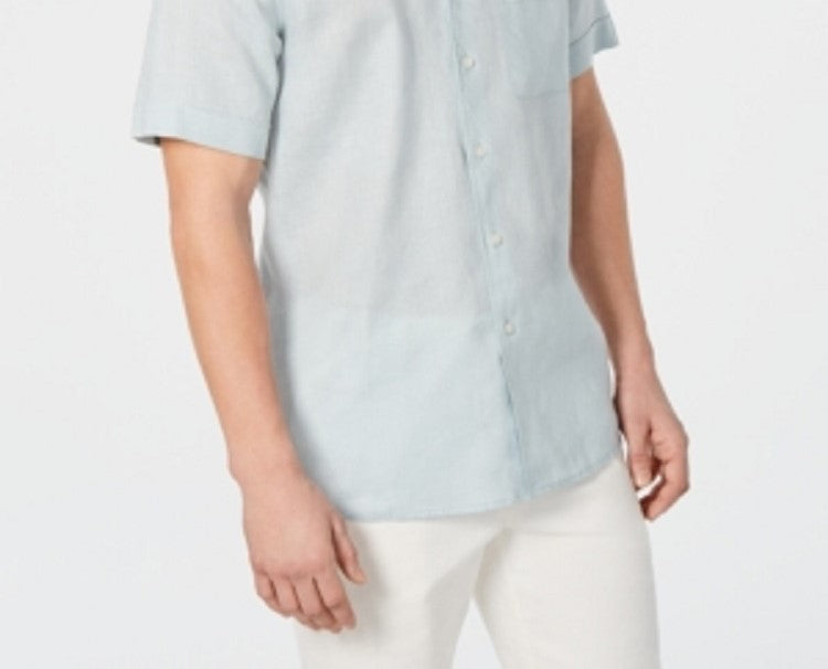 Camisa masculina de linho com gola e botões Tasso Elba, azul, tamanho pequeno