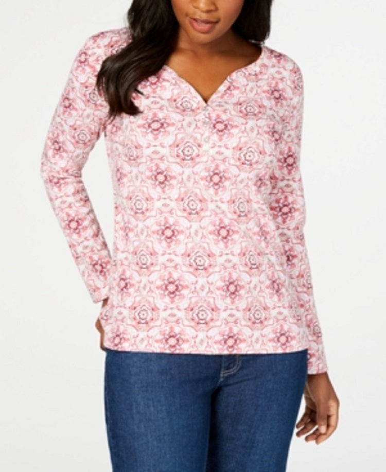 Karen Scott Feminino Manga 3/4 Estampado Henley Rosa Tamanho XX-Grande