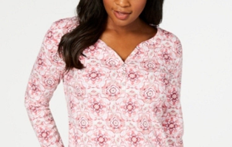 Karen Scott Feminino Manga 3/4 Estampado Henley Rosa Tamanho XX-Grande
