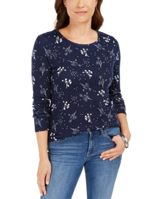 Camiseta feminina estampada de algodão pima Charter Club, azul, tamanho X-S