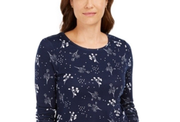 Camiseta feminina estampada de algodão pima Charter Club, azul, tamanho X-S