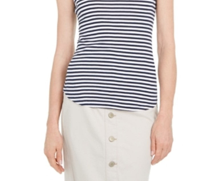 Regata feminina listrada com decote redondo Charter Club, azul escuro/branco, tamanho grande