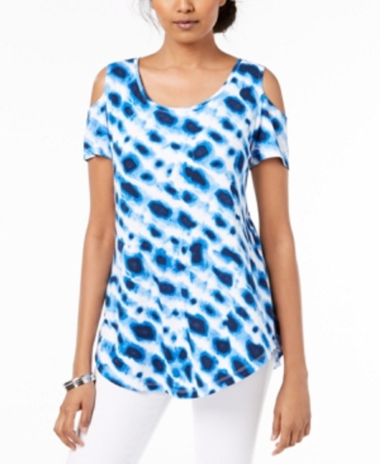 Blusa feminina estampada com ombros descobertos, azul, tamanho X-S