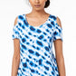 Blusa feminina estampada com ombros descobertos, azul, tamanho X-S