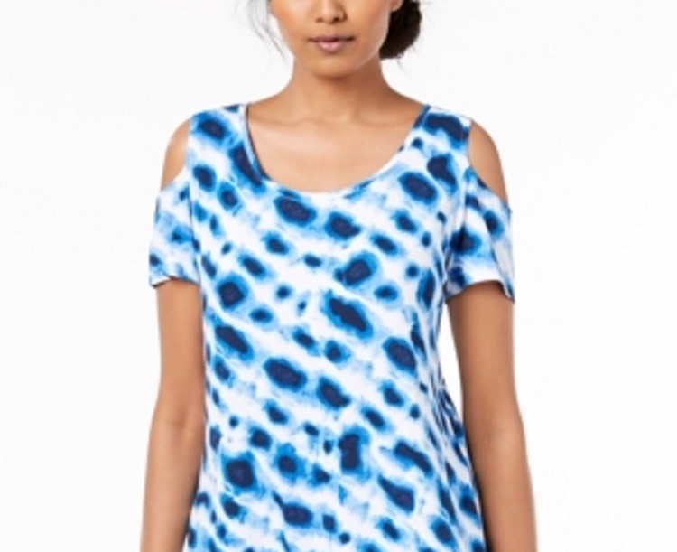 Blusa feminina estampada com ombros descobertos, azul, tamanho X-S