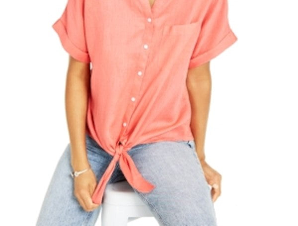 Camisa feminina Charter Club de linho com amarração frontal, coral, pequena e pequena