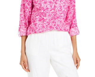 Blusa estampada de linho feminina Charter Club, rosa, tamanho extragrande