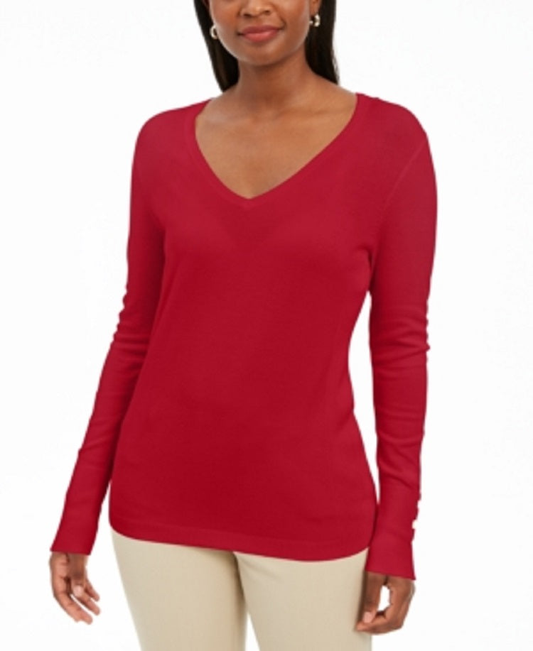 JM Collection Pulôver Feminino com Punhos e Botões e Gola V Vermelho Tamanho Grande