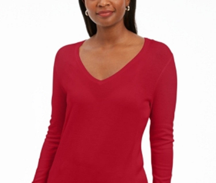 JM Collection Pulôver Feminino com Punhos e Botões e Gola V Vermelho Tamanho Grande