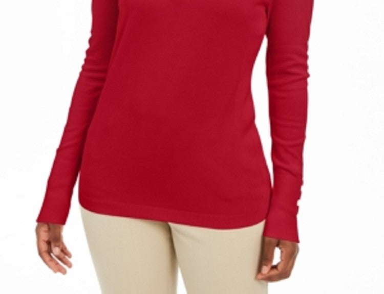JM Collection Pulôver Feminino com Punhos e Botões e Gola V Vermelho Tamanho Grande