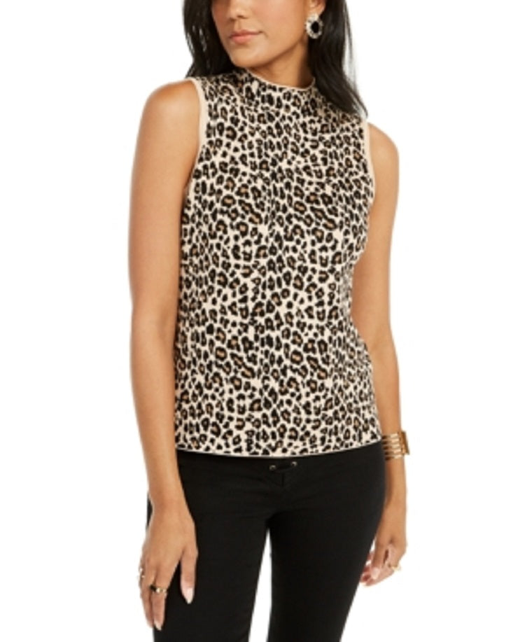 Blusa feminina Thalia Sodi com estampa de leopardo e gola alta, sem mangas, marrom, tamanho grande