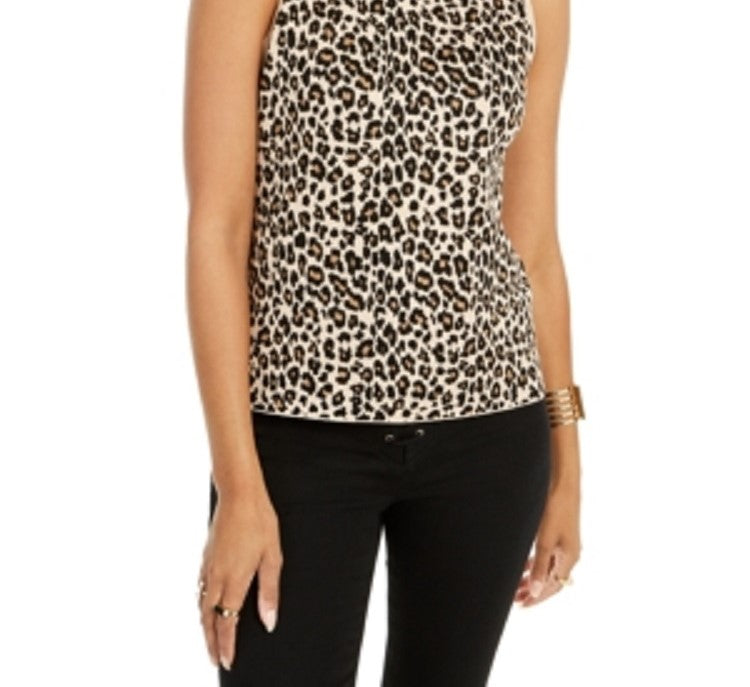 Blusa feminina Thalia Sodi com estampa de leopardo e gola alta, sem mangas, marrom, tamanho grande