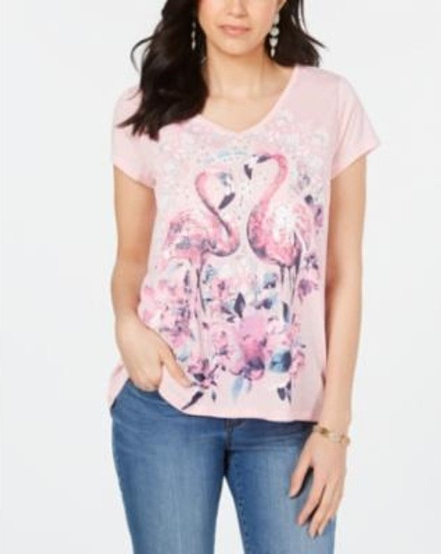 Camiseta feminina Style &amp; Co com decote em V e estampa de flamingo rosa, tamanho extrapequeno