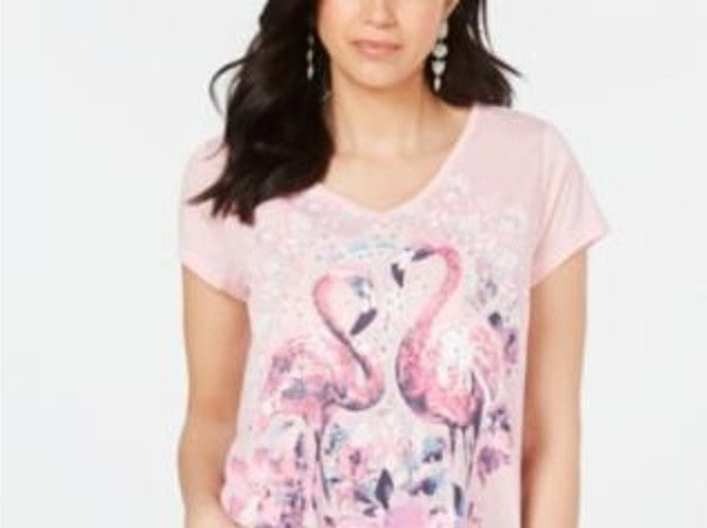 Camiseta feminina Style &amp; Co com decote em V e estampa de flamingo rosa, tamanho extrapequeno