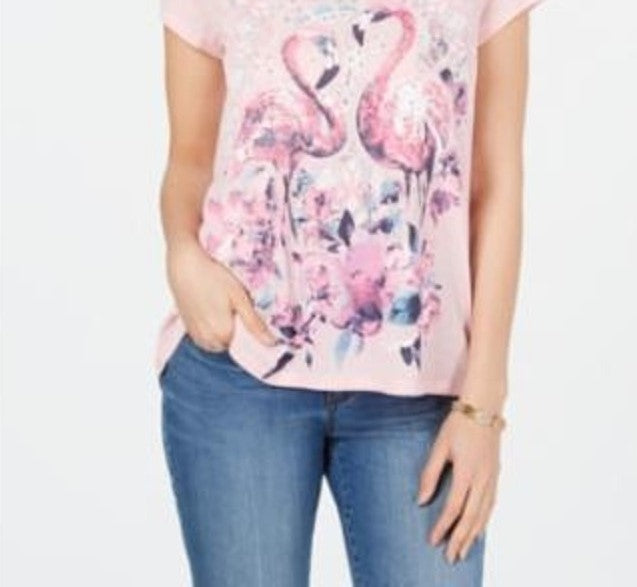 Camiseta feminina Style &amp; Co com decote em V e estampa de flamingo rosa, tamanho extrapequeno