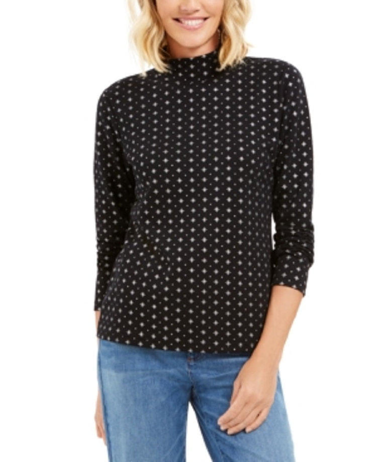 Karen Scott Blusa Feminina com Estampa de Flocos de Neve e Gola Reta, Preta, Tamanho Médio