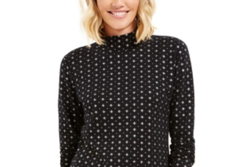 Karen Scott Blusa Feminina com Estampa de Flocos de Neve e Gola Reta, Preta, Tamanho Médio
