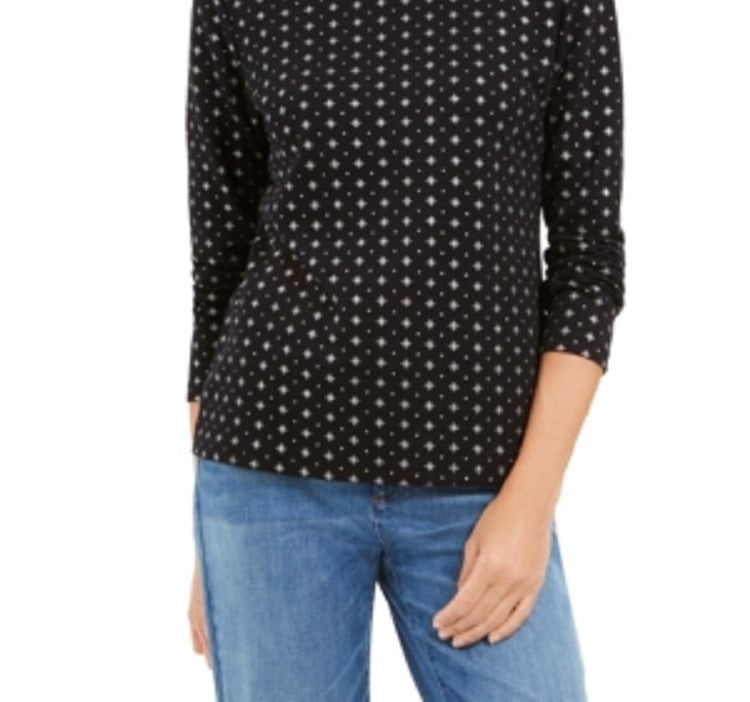 Karen Scott Blusa Feminina com Estampa de Flocos de Neve e Gola Reta, Preta, Tamanho Médio