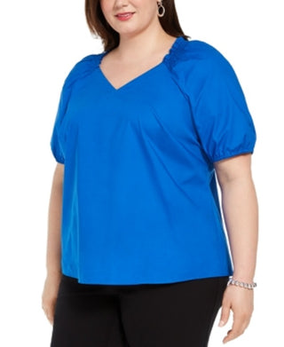 Blusa camponesa com babados e decote em V Alfani feminina, azul, tamanho 2X
