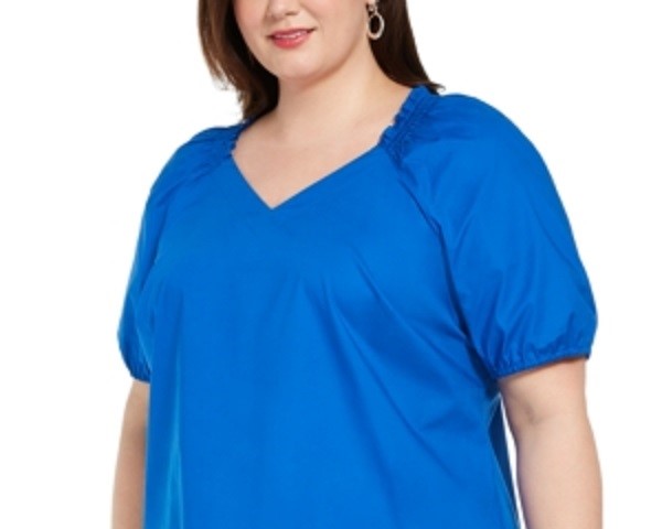 Blusa camponesa com babados e decote em V Alfani feminina, azul, tamanho 2X