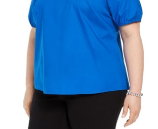 Blusa camponesa com babados e decote em V Alfani feminina, azul, tamanho 2X