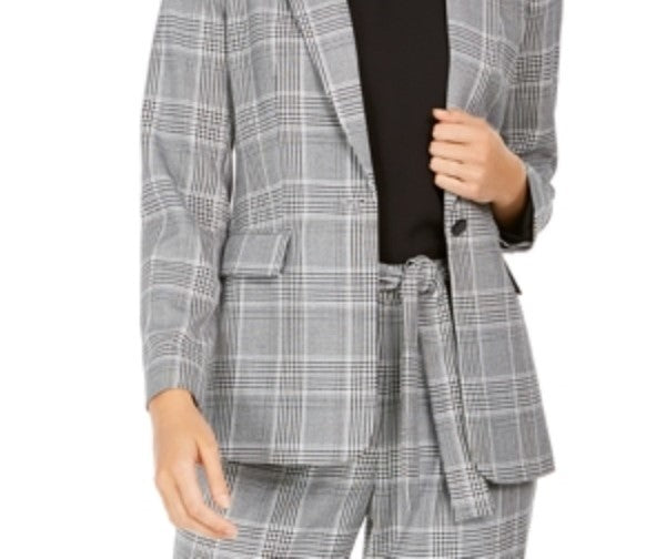 Calvin Klein Blazer Xadrez Feminino de Um Botão Cinza Escuro Tamanho 0